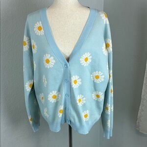 Daisy Floral Blue Women's Sweater Cardigan Size XL